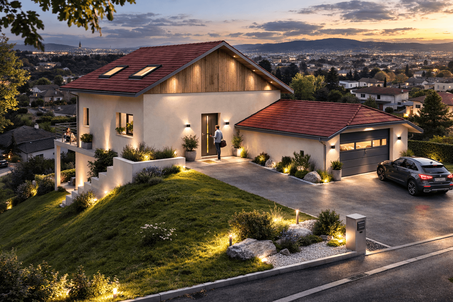 Maison contemporaine sur les hauteurs au coucher du soleil